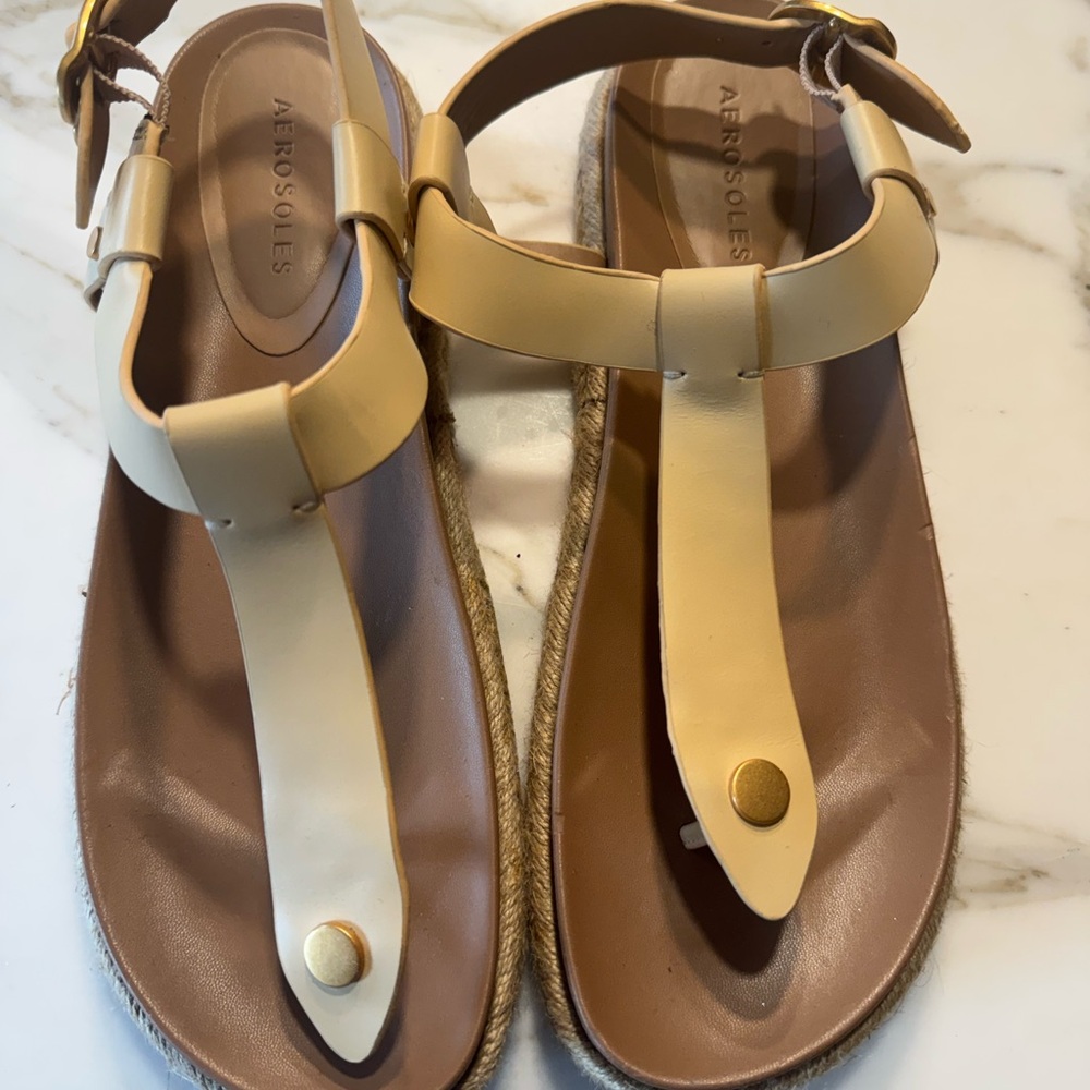 Aerosoles Women's Creamy Beige T-Strap Sandals with Gold Hardware